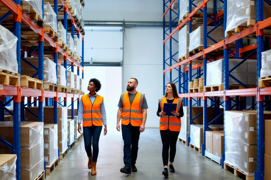 Multiethnic Young Adult Warehouse Workers Inspecting Inventory Together