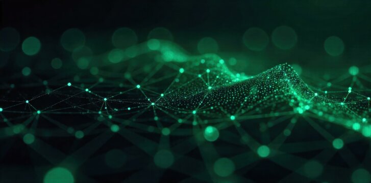 Interconnected digital barcode nodes forming a network or data flow. An abstract representation of interconnected digital barcode nodes forming a flowing network. Glowing light trails of cyan and