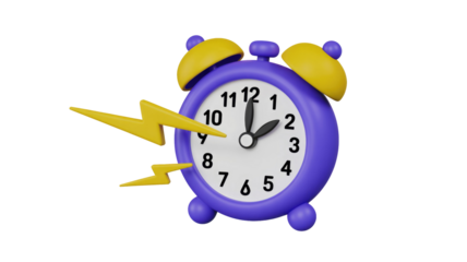 A vibrant 3D purple alarm clock with yellow accents, accompanied by two dynamic lightning bolts, symbolizing urgency, speed, and time-sensitive alerts. background removed