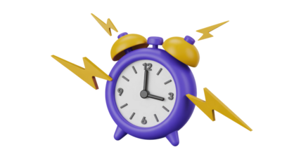 A vibrant 3D rendering of a purple alarm clock with yellow bells and a white face, surrounded by yellow lightning bolts indicating an alert. background removed