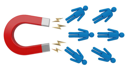 A red horseshoe magnet attracts six blue stick figures with golden lightning bolts, symbolizing attraction, lead generation, or customer engagement. background removed