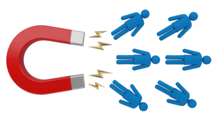 A red horseshoe magnet attracts six blue stick figures with golden lightning bolts, symbolizing attraction, lead generation, or customer engagement. background removed