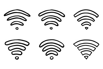 Set of hand drawn free wifi spot zone sign Public wi-fi area sign Wireless internet clipart in doodle style Single element for print, web, design, decor 3G, 4G, 5G, 6G, IoT