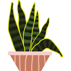 Potted Snake Plant With Green and Dark Green Striped Leaves and a Pink Pot on a Transparent Background Simple Illustration Style
