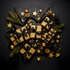 Artistic top-down flat lay arrangement of small golden gift boxes tied with black satin ribbons.