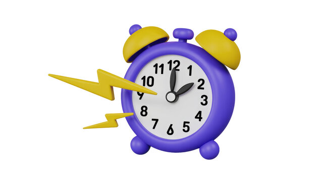 A vibrant 3D purple alarm clock with yellow accents, accompanied by two dynamic lightning bolts, symbolizing urgency, speed, and time-sensitive alerts. background removed