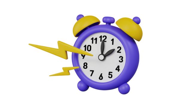 A vibrant 3D purple alarm clock with yellow accents, accompanied by two dynamic lightning bolts, symbolizing urgency, speed, and time-sensitive alerts. background removed