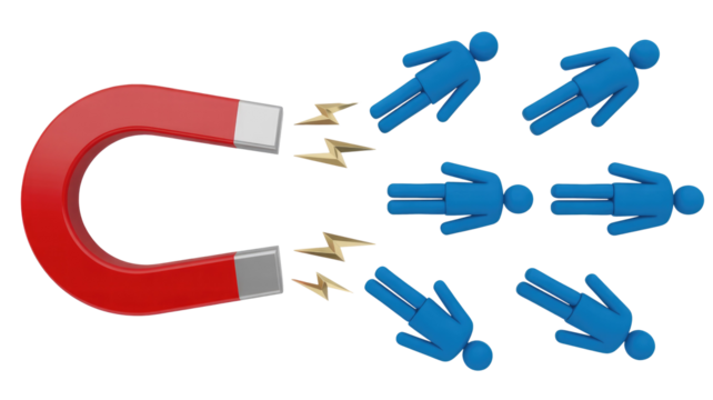 A red horseshoe magnet attracts six blue stick figures with golden lightning bolts, symbolizing attraction, lead generation, or customer engagement. background removed