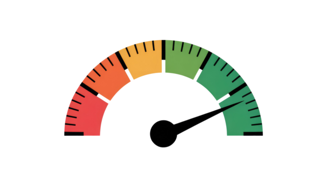 A performance gauge displaying a high metric with its needle firmly in the green zone, indicating excellent status or measurement. background removed - Powered by Adobe