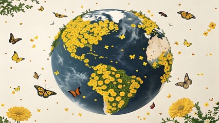 Globe covered in yellow flowers and butterflies, symbolizing environmental conservation, global sustainability, and the beauty of nature on a bright, airy background