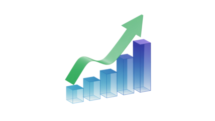 This image displays an ascending 3D bar chart with a prominent green arrow, symbolizing strong growth, progress, and positive financial trends. background removed