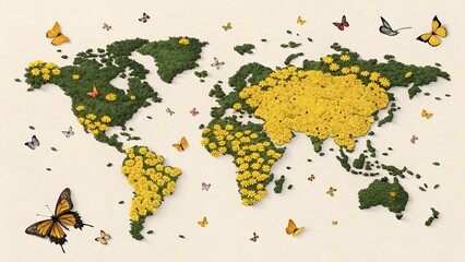 Obraz premium World map made of flowers and butterflies on a beige background, symbolizing nature, environment, and global conservation efforts for a sustainable future