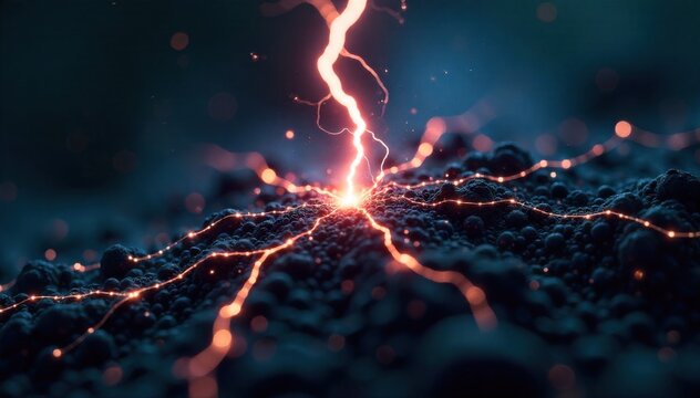 Macro shot of a stylized lightning bolt formed by glowing particles, intricate electrical patterns, futuristic concept art A detailed macro shot of a stylized lightning bolt formed by thousands of