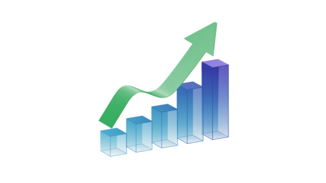 This image displays an ascending 3D bar chart with a prominent green arrow, symbolizing strong growth, progress, and positive financial trends. background removed