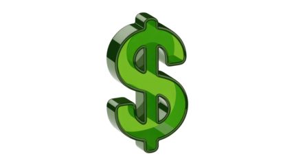 A vibrant 3D green dollar sign with a glossy finish stands prominently against a solid dark transparent background, symbolizing finance and wealth. background removed