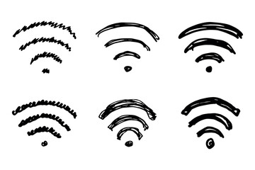 Set of hand drawn free wifi spot zone sign Public wi-fi area sign Wireless internet clipart in doodle style Single element for print, web, design, decor 3G, 4G, 5G, 6G, IoT