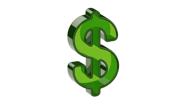 A vibrant 3D green dollar sign with a glossy finish stands prominently against a solid dark transparent background, symbolizing finance and wealth. background removed