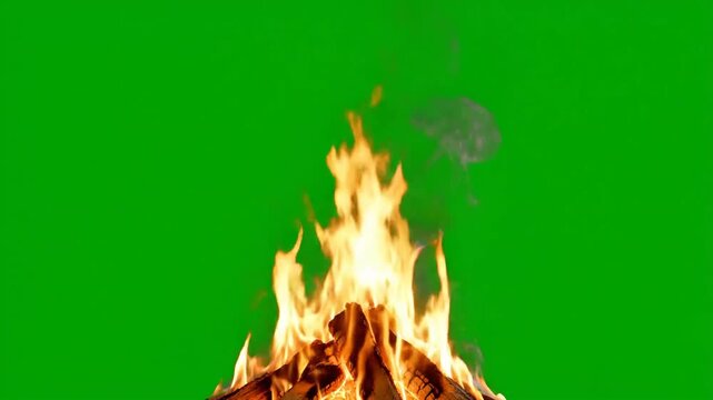 Burning campfire flames with smoke on a green screen background.