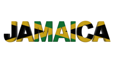 Bold 3D text spelling 'JAMAICA,' intricately patterned with the vibrant black, green, and gold colors of the Jamaican flag on a solid background. background removed