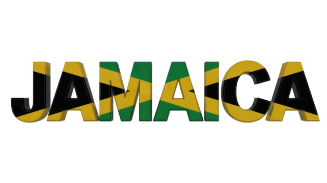 Bold 3D text spelling 'JAMAICA,' intricately patterned with the vibrant black, green, and gold colors of the Jamaican flag on a solid background. background removed