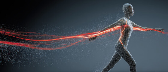 Digital representation of human figure in motion, composed of particles and illuminated by dynamic red lines, symbolizes energy and movement against dark background
