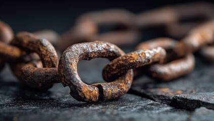 Fototapeta premium Rusty chain lying on cracked stone surface showing signs of age and decay, symbolizing fragility and the passage of time in a somber mood.