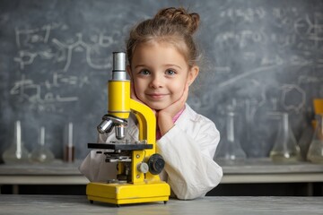 Curious kid girl enjoying science experiments with a microscope in a playful classroom setting during the day
