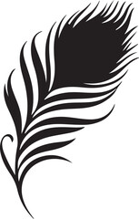 Stylized black silhouette of a decorative peacock feather with intricate details, isolated on a clean white background.
