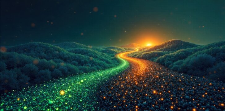 The concept of shared journeys and facing life s challenges together in a marriage. An abstract, serene landscape painting depicting two distinct, winding paths made of glowing, interconnected