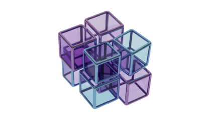 A cluster of iridescent, transparent 3D cubes, interlocked and stacked against a solid transparent background, showcasing geometric abstraction and glassy textures. background removed