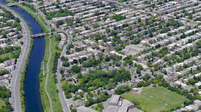 Aerial view of Verdun residential district with dense housing and green streets. g.