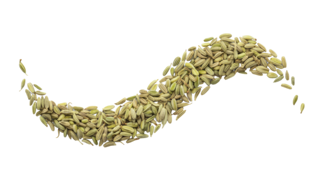 A stream of light green fennel seeds elegantly arranged in a wavy pattern against a solid transparent background, highlighting their natural texture. background removed