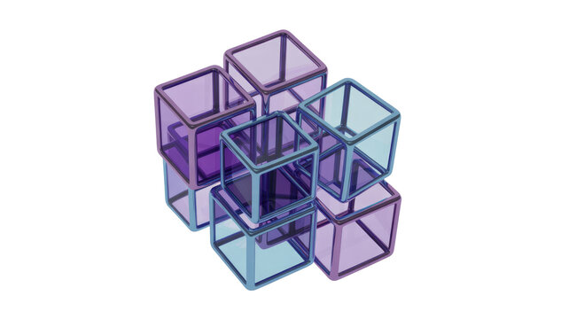 A cluster of iridescent, transparent 3D cubes, interlocked and stacked against a solid transparent background, showcasing geometric abstraction and glassy textures. background removed - Powered by Adobe