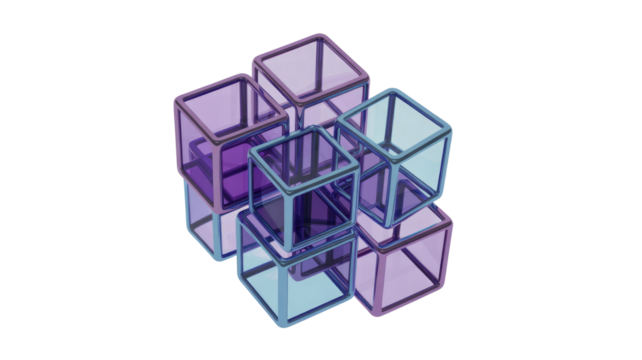 A cluster of iridescent, transparent 3D cubes, interlocked and stacked against a solid transparent background, showcasing geometric abstraction and glassy textures. background removed - Powered by Adobe
