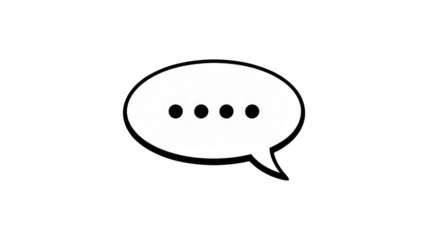 A white, black-outlined speech bubble with an ellipsis (four dots) centered on a solid transparent background, symbolizing ongoing conversation or thinking. background removed