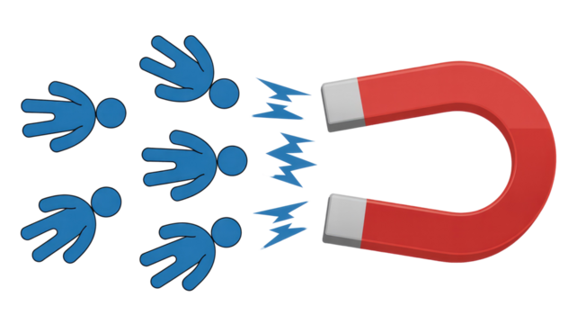 A red horseshoe magnet strongly attracts a group of blue stick figures, symbolizing customer acquisition, lead generation, or audience engagement through magnetic appeal. background removed
