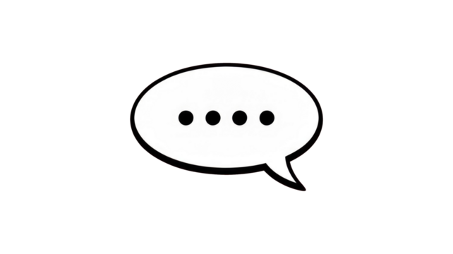 A white, black-outlined speech bubble with an ellipsis (four dots) centered on a solid transparent background, symbolizing ongoing conversation or thinking. background removed