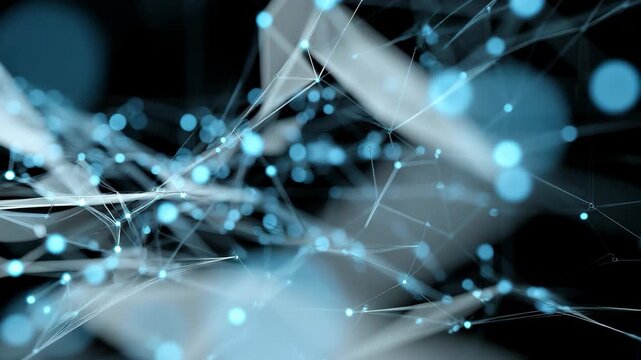 Futuristic abstract polygonal techno background showcasing a complex network of shapes and glowing nodes in a sleek, modern design