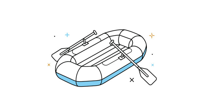Isometric outline of an inflatable raft with oars on a white background with decorative elements.