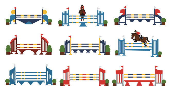 Various types of equestrian show jumping obstacles, including a horse and rider clearing a barrier, illustrating the dynamic sport.