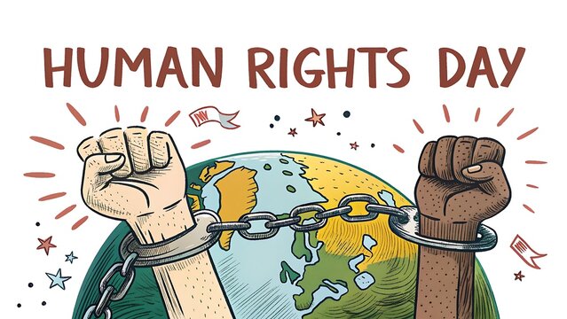 Illustration for human rights day featuring chained hands around the world, symbolizing freedom and justice for all, isolated on white background