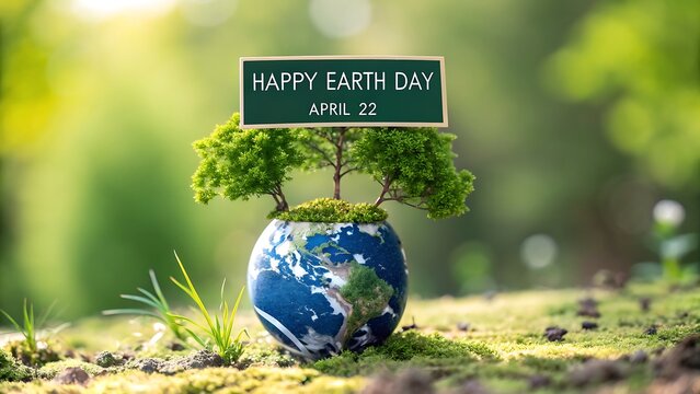 Happy earth day is celebrated on april 22, with a small tree growing out of a globe on a mossy surface, symbolizing environmental awareness