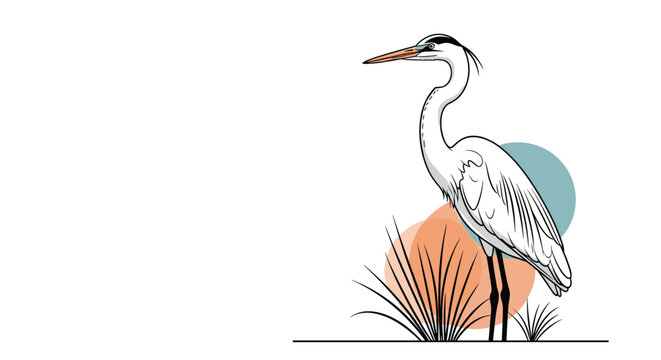 Minimalist line art illustration of a serene white heron or egret standing amidst reeds with abstract background elements.