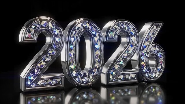 Elegant 2026 new year design shiny silver numbers with diamond inlay perfect for luxury event invitations and festive promotions