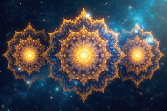 Luminous, intricate mandalas formed from stardust and celestial light. Intricate, luminous mandalas composed of swirling stardust and ethereal celestial light. The patterns are perfectly symmetrical
