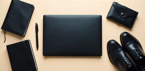 Business Trip Essentials in Transit A perfectly arranged flat lay of business travel essentials on a neutral, textured background. Include a sleek black laptop (closed), a leather bound notebook and