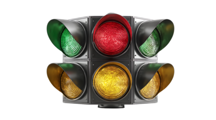 Complex traffic light system showing multiple signals, including red, green, and yellow, isolated on transparent background