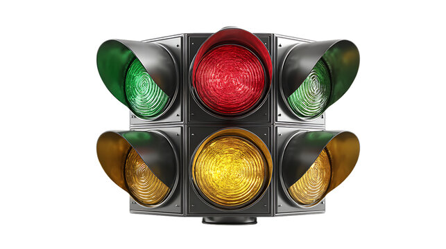 Complex traffic light system showing multiple signals, including red, green, and yellow, isolated on transparent background