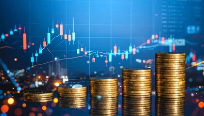 Stacks of gold coins are arranged in front of a computer screen displaying dynamic graphs, symbolizing a prosperous digital economy