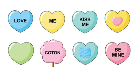 A collection of colorful candy hearts with sweet messages and a pink cotton candy, perfect for Valentine's Day.